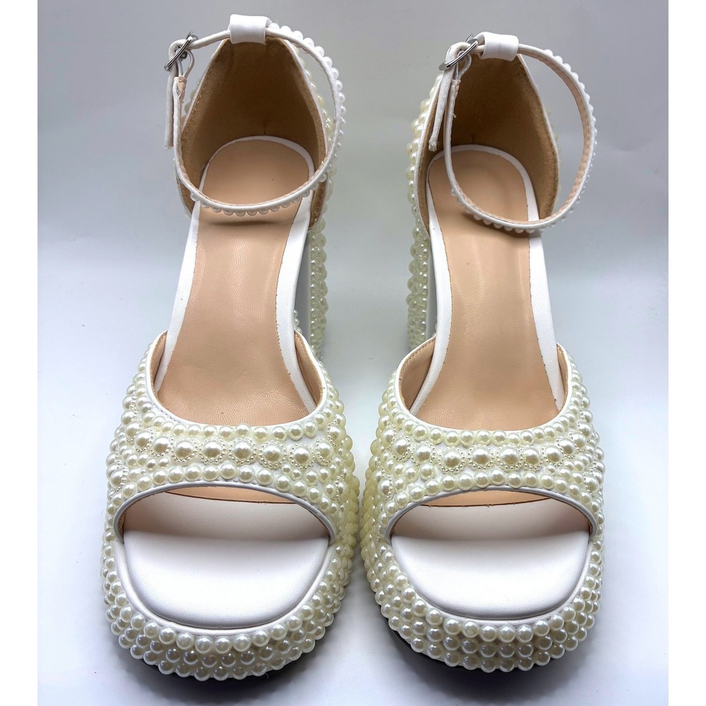 Pearl Platform Sandals 37 White Chunky Block Heel Wedding Bridal Shoes